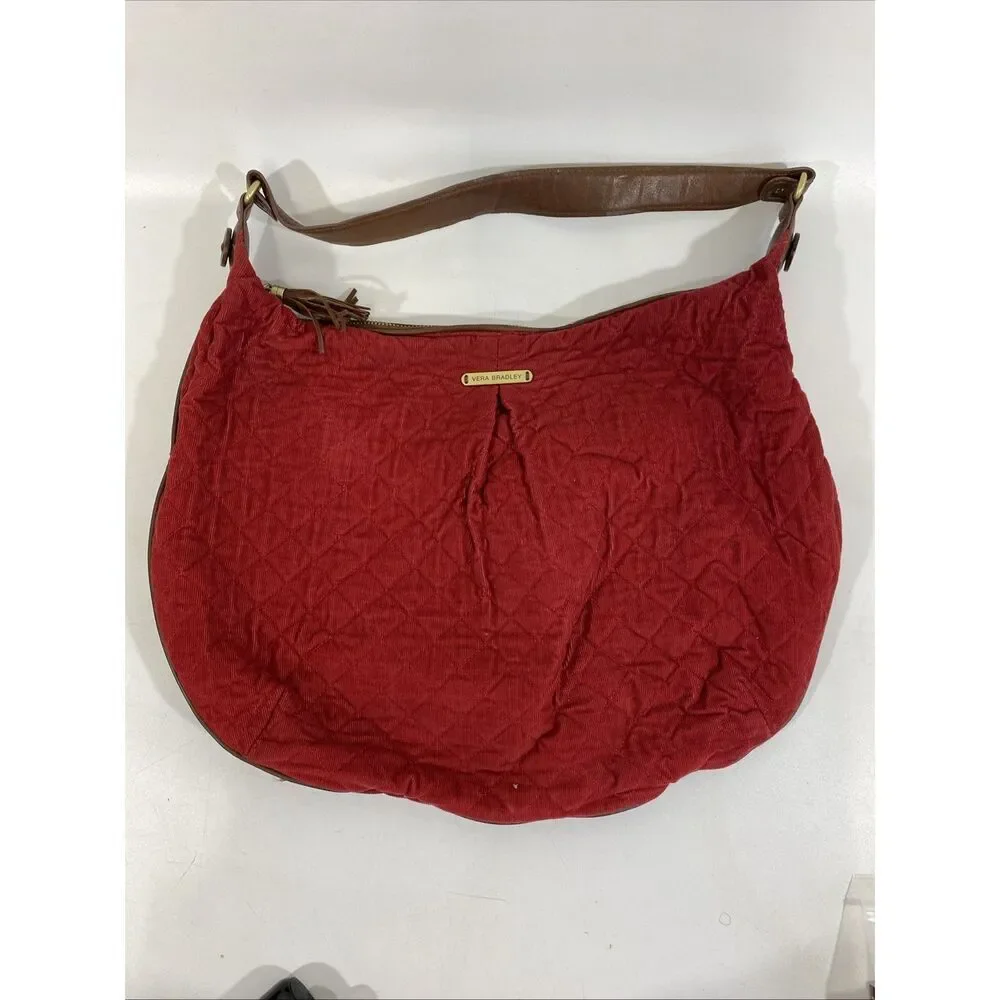 Vera Bradley Retired‎ Red Corduroy Hobo Purse Bag Brown Leather Trim 17” X 13”